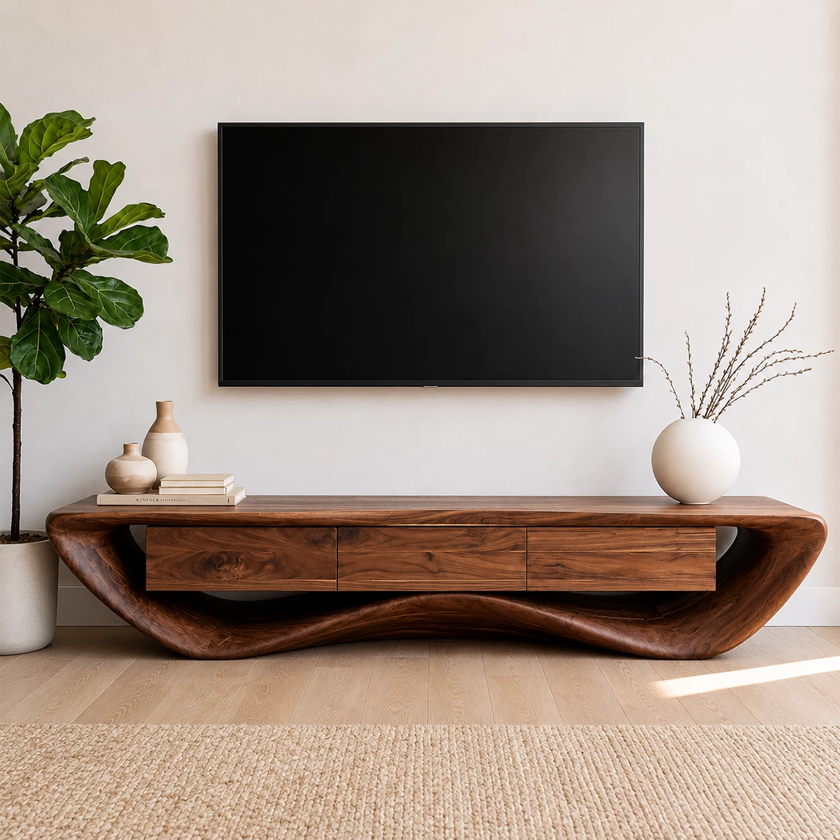 Natural Solid Wood TV Stand with Three Drawers and Sculptural Wave Base - Livewoodcraft