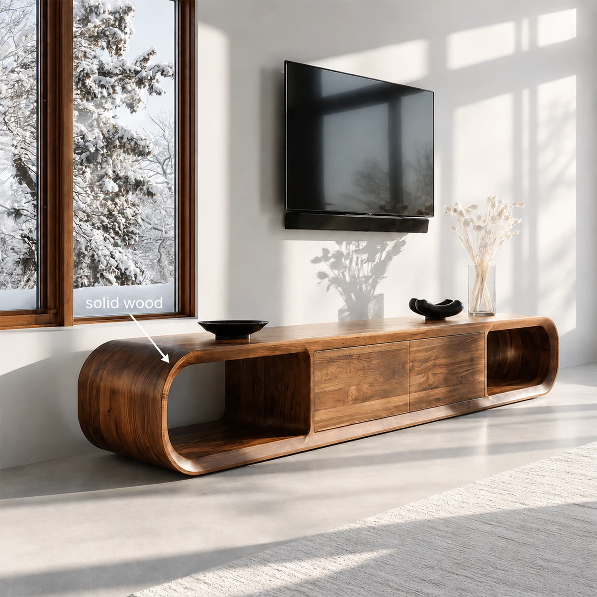 Natural Solid Wood TV Stand with Two Cabinets and Rounded Open Side Shelves - Livewoodcraft - 10
