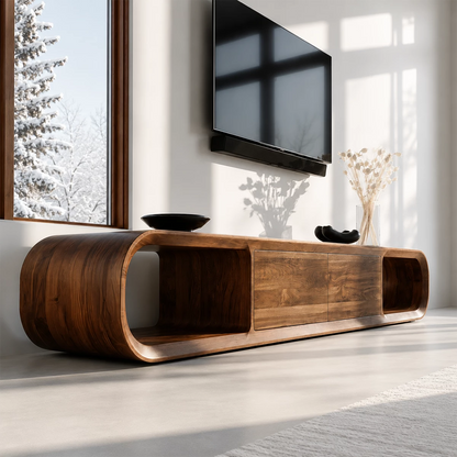 Natural Solid Wood TV Stand with Two Cabinets and Rounded Open Side Shelves - Livewoodcraft - 2