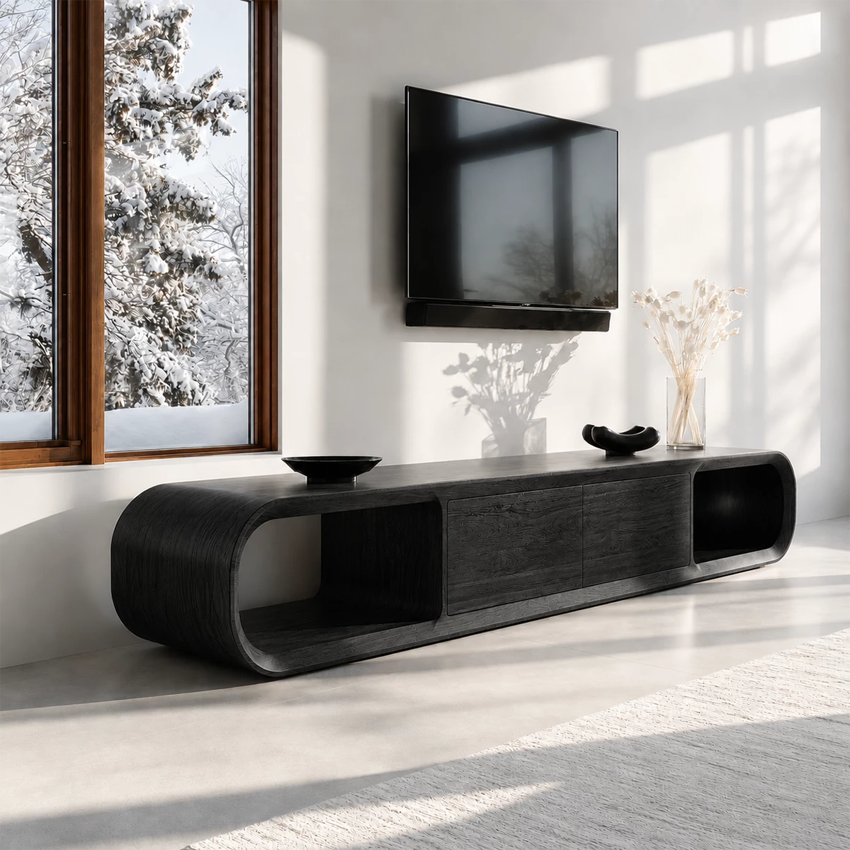 Natural Solid Wood TV Stand with Two Cabinets and Rounded Open Side Shelves - Livewoodcraft - 3