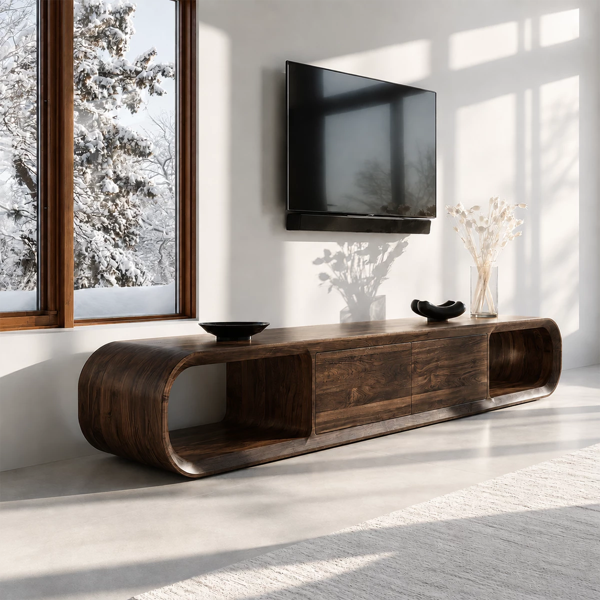 Natural Solid Wood TV Stand with Two Cabinets and Rounded Open Side Shelves - Livewoodcraft - 4
