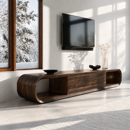 Natural Solid Wood TV Stand with Two Cabinets and Rounded Open Side Shelves - Livewoodcraft - 4