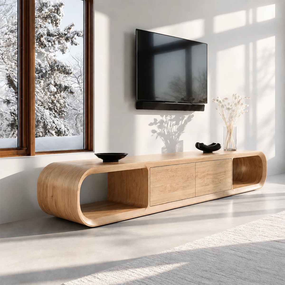 Natural Solid Wood TV Stand with Two Cabinets and Rounded Open Side Shelves - Livewoodcraft - 5