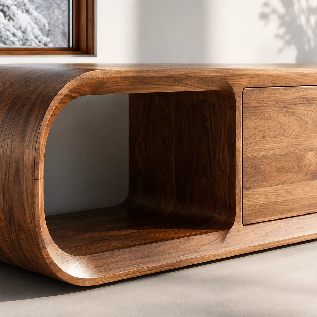 Natural Solid Wood TV Stand with Two Cabinets and Rounded Open Side Shelves - Livewoodcraft - 6