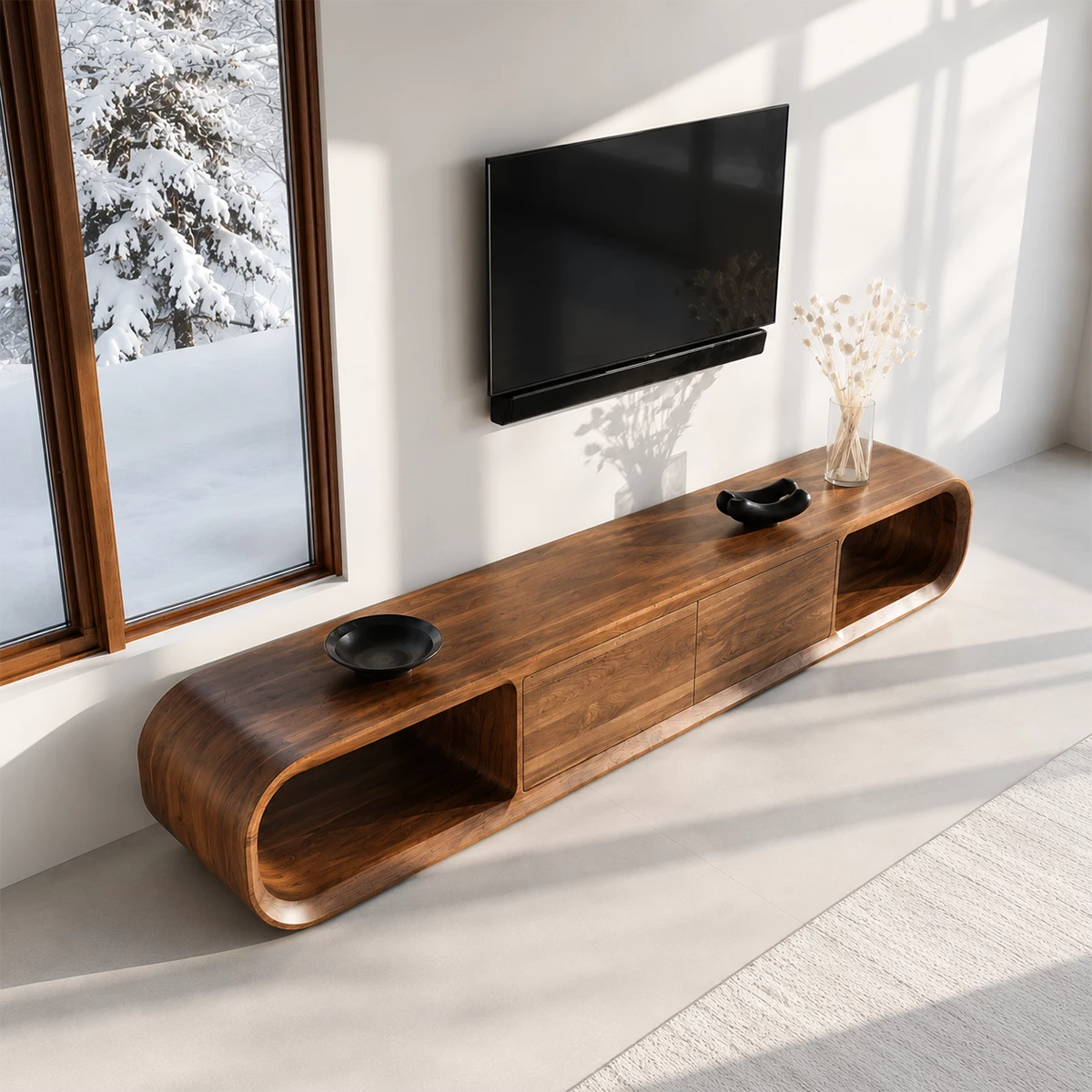 Natural Solid Wood TV Stand with Two Cabinets and Rounded Open Side Shelves - Livewoodcraft - 7