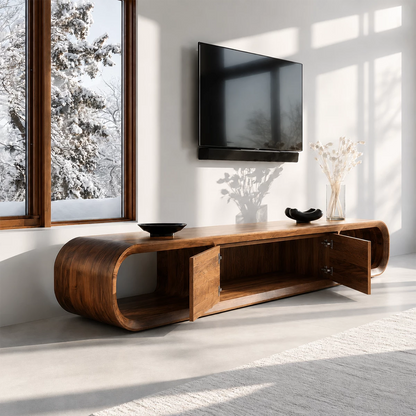 Natural Solid Wood TV Stand with Two Cabinets and Rounded Open Side Shelves - Livewoodcraft - 8