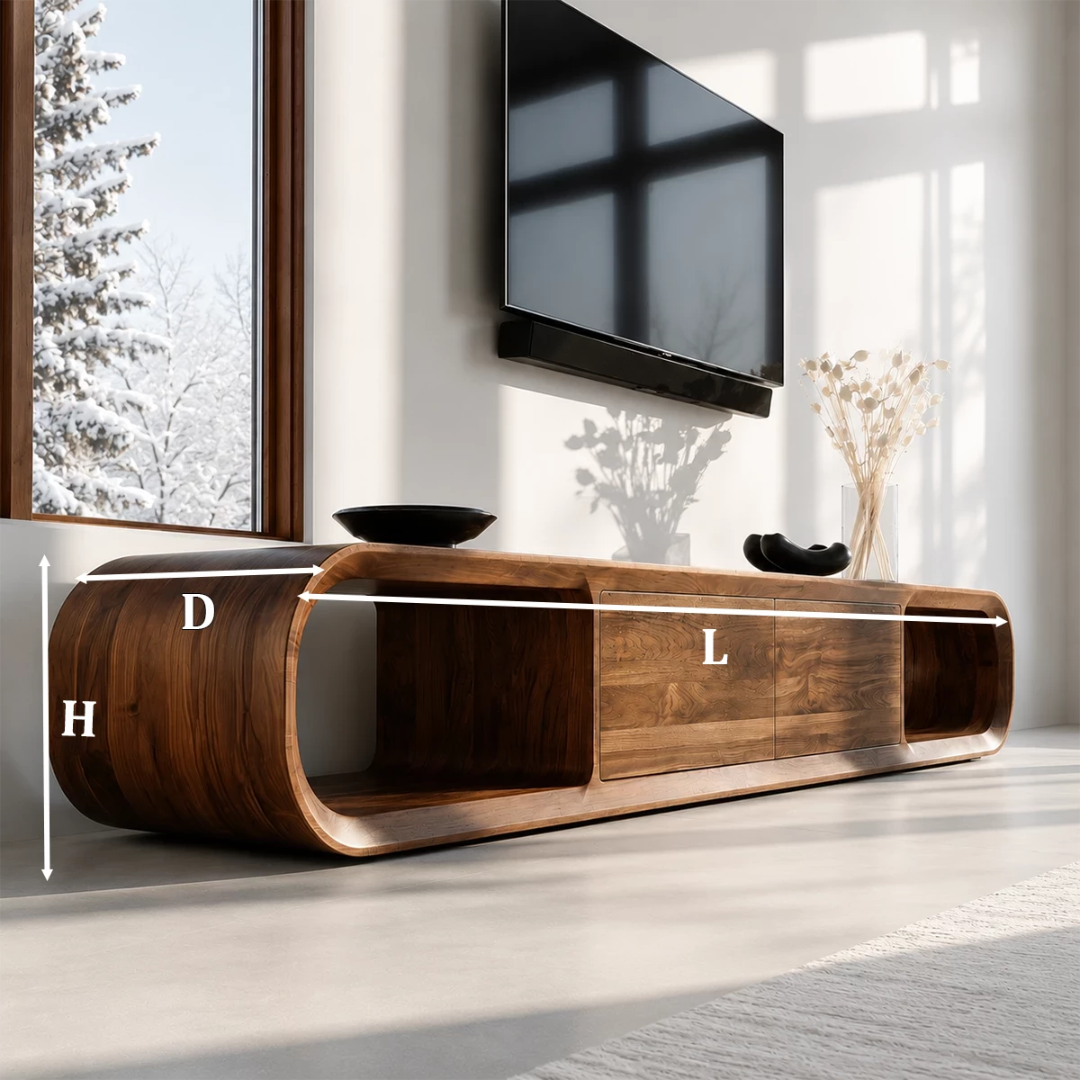 Natural Solid Wood TV Stand with Two Cabinets and Rounded Open Side Shelves - Livewoodcraft - 9