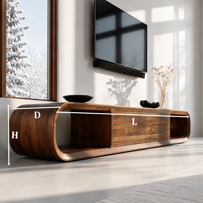 Natural Solid Wood TV Stand with Two Cabinets and Rounded Open Side Shelves - Livewoodcraft - 9