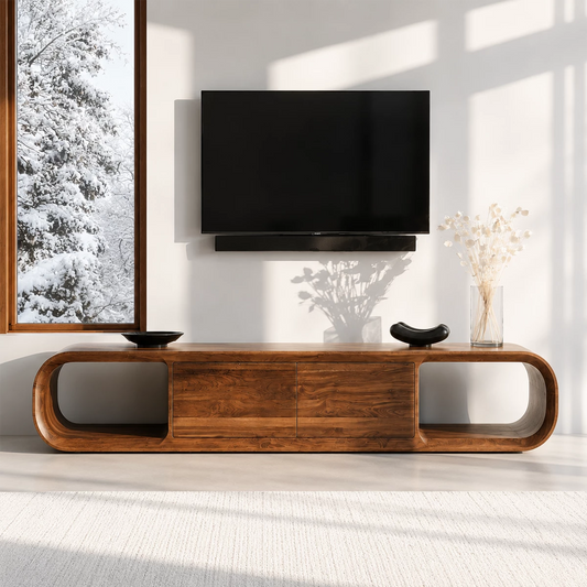 Natural Solid Wood TV Stand with Two Cabinets and Rounded Open Side Shelves - Livewoodcraft