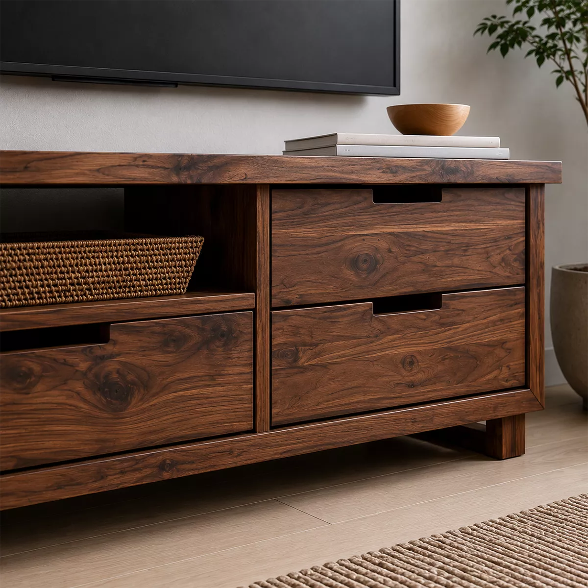 Natural Solid Wood TV Stand with Two Drawers and Open Shelf Minimalist - Livewoodcraft - 1