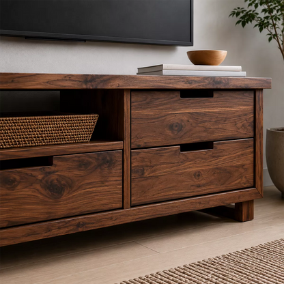 Natural Solid Wood TV Stand with Two Drawers and Open Shelf Minimalist - Livewoodcraft - 1