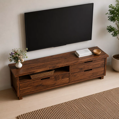 Natural Solid Wood TV Stand with Two Drawers and Open Shelf Minimalist - Livewoodcraft - 2