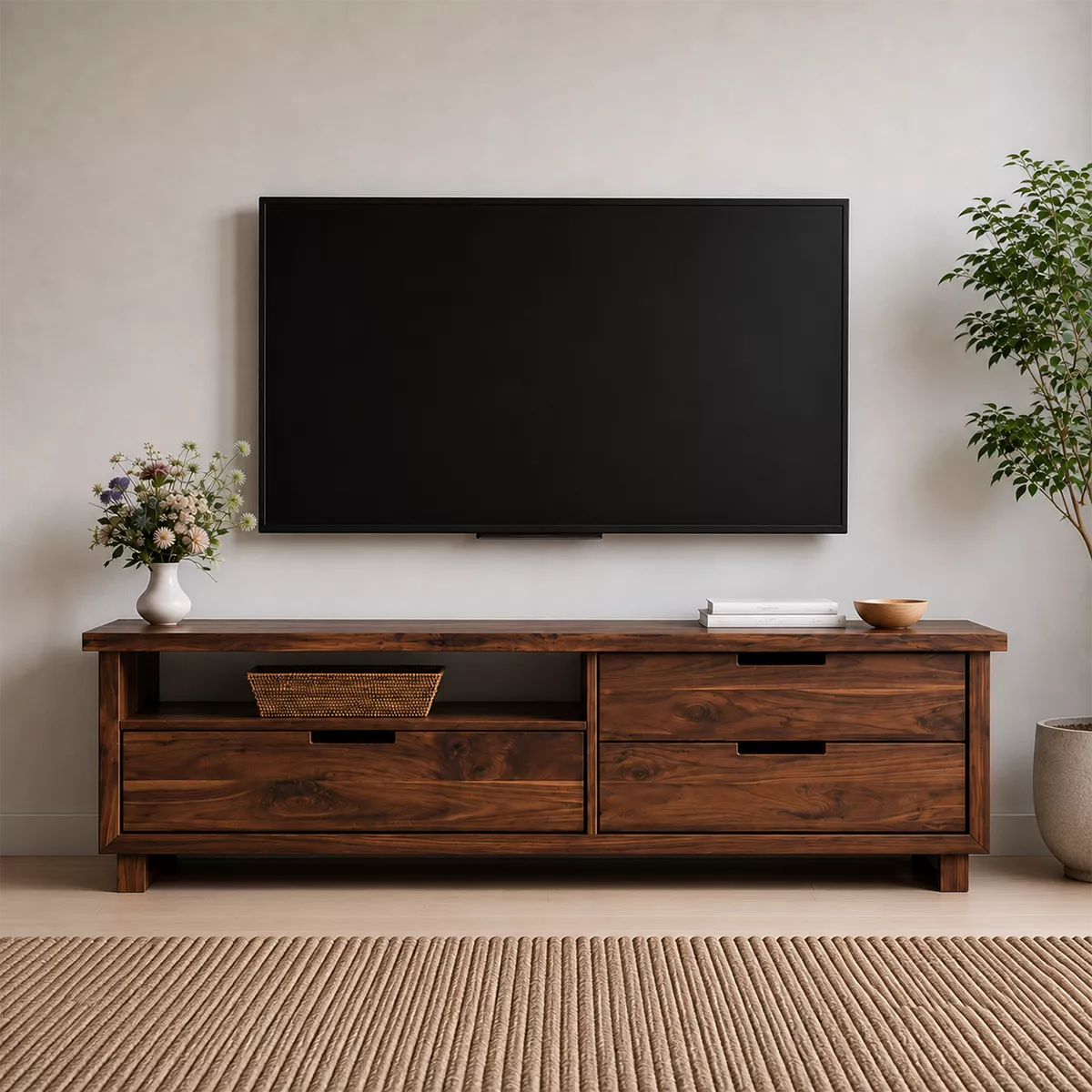 Natural Solid Wood TV Stand with Two Drawers and Open Shelf Minimalist - Livewoodcraft - 3
