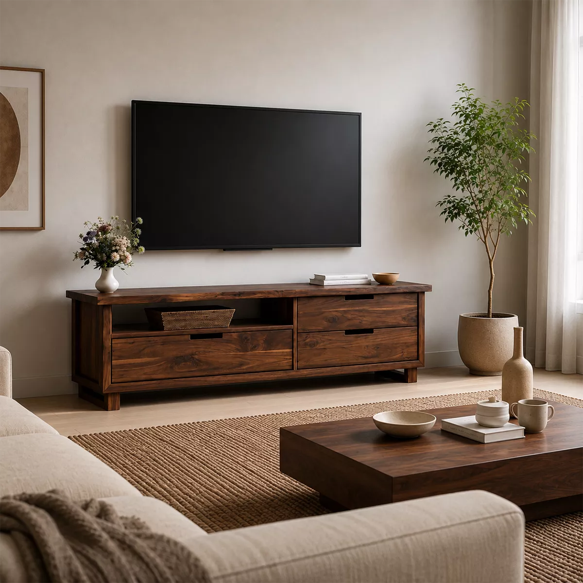Natural Solid Wood TV Stand with Two Drawers and Open Shelf Minimalist - Livewoodcraft - 4