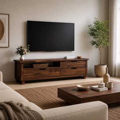 Natural Solid Wood TV Stand with Two Drawers and Open Shelf Minimalist - Livewoodcraft - 4
