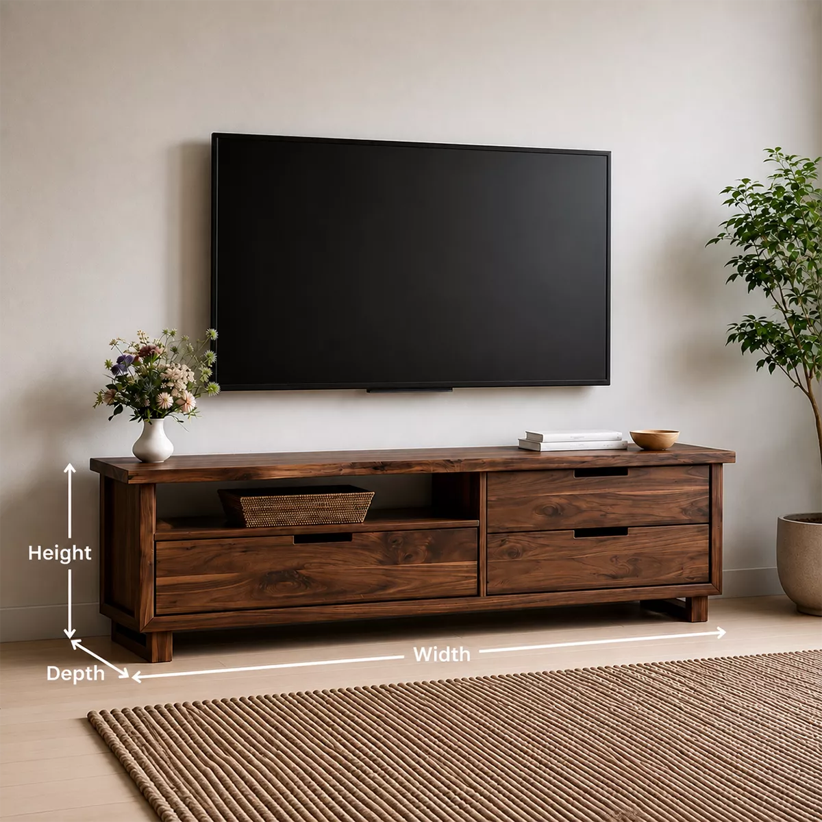 Natural Solid Wood TV Stand with Two Drawers and Open Shelf Minimalist - Livewoodcraft - 5