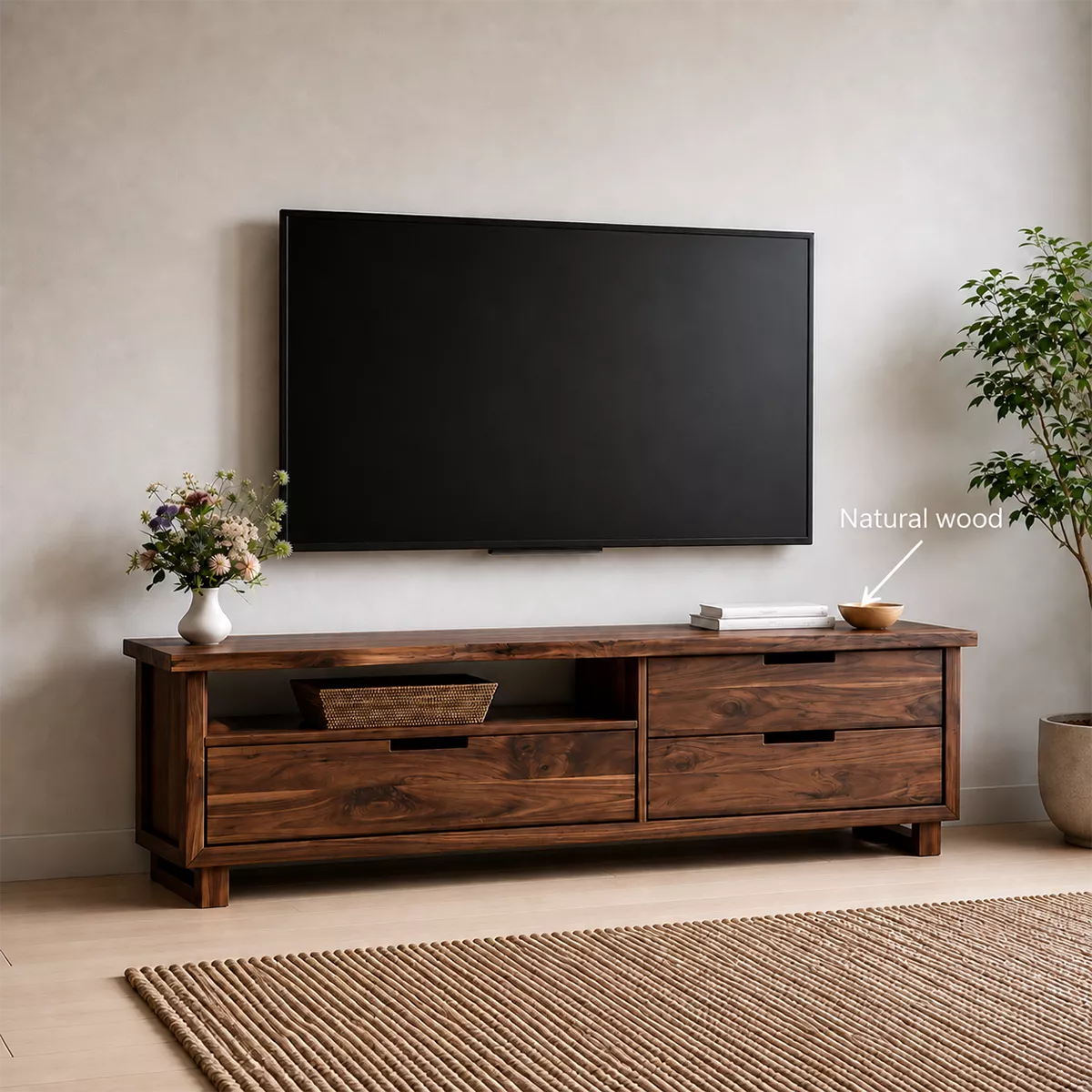 Natural Solid Wood TV Stand with Two Drawers and Open Shelf Minimalist - Livewoodcraft - 6