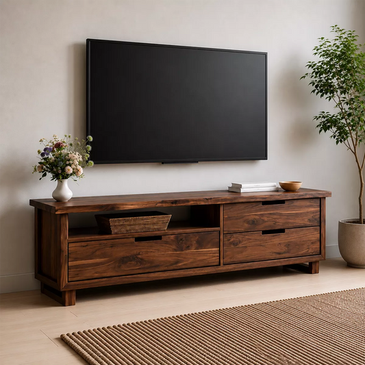 Natural Solid Wood TV Stand with Two Drawers and Open Shelf Minimalist - Livewoodcraft