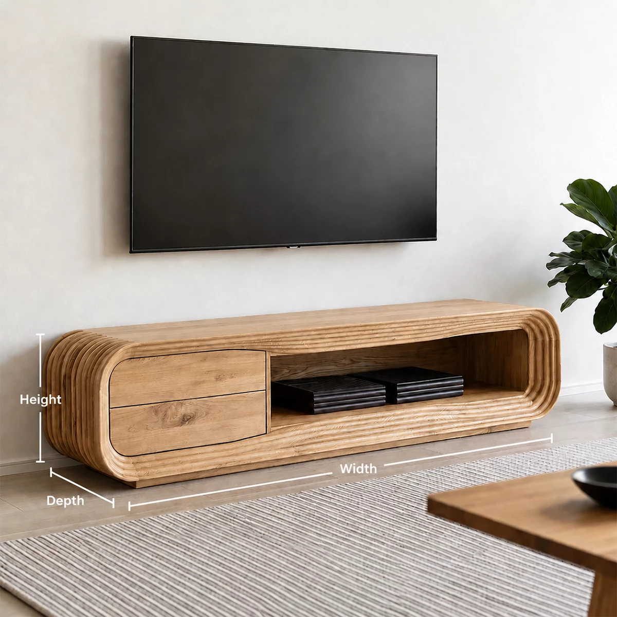 Natural Solid Wood TV Stand with Two Drawers and Ribbed Open Media Shelf - Livewoodcraft - 10