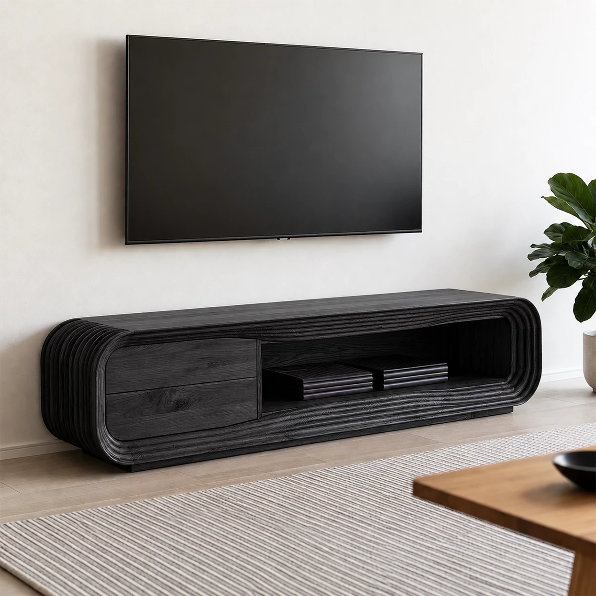 Natural Solid Wood TV Stand with Two Drawers and Ribbed Open Media Shelf - Livewoodcraft - 2