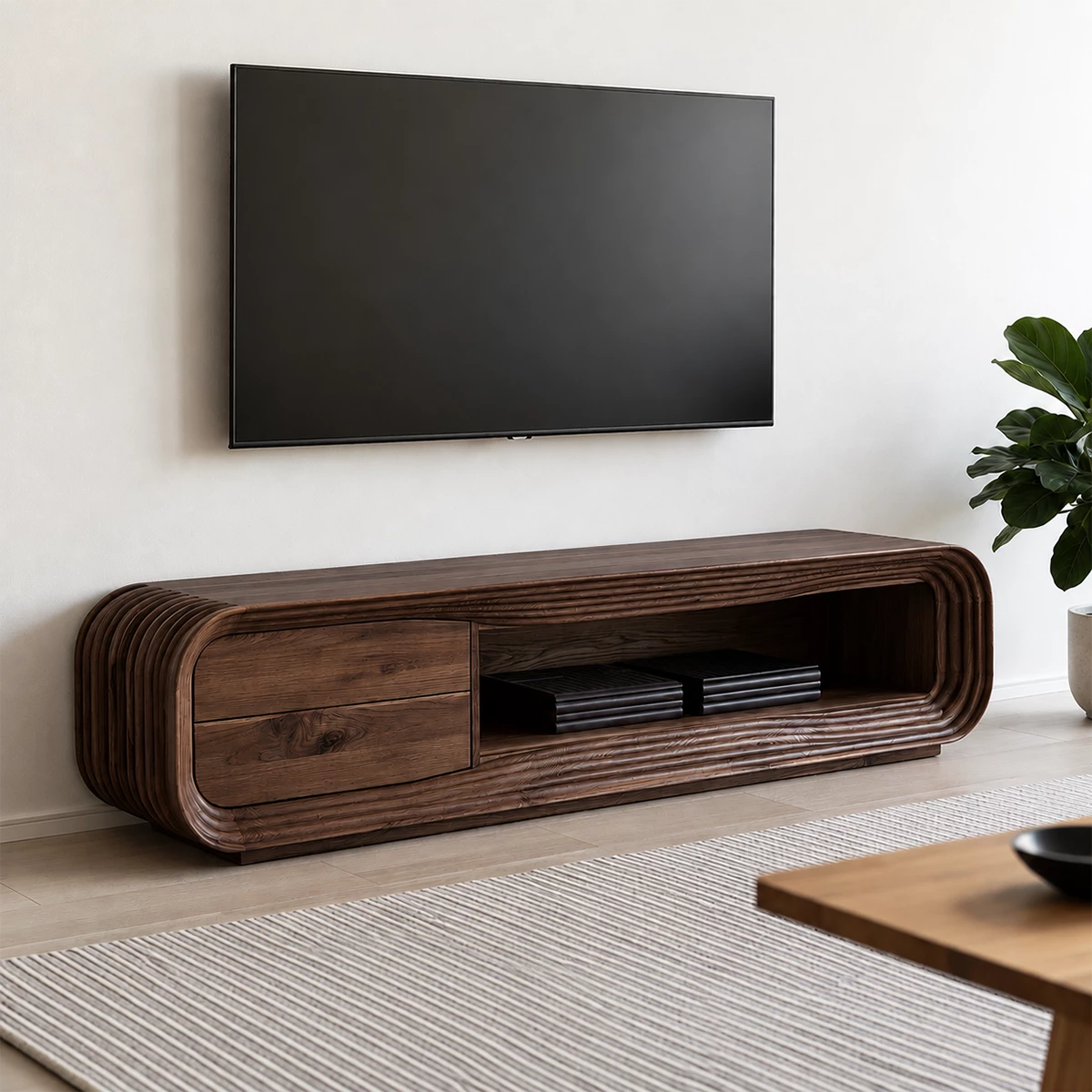 Natural Solid Wood TV Stand with Two Drawers and Ribbed Open Media Shelf - Livewoodcraft - 3