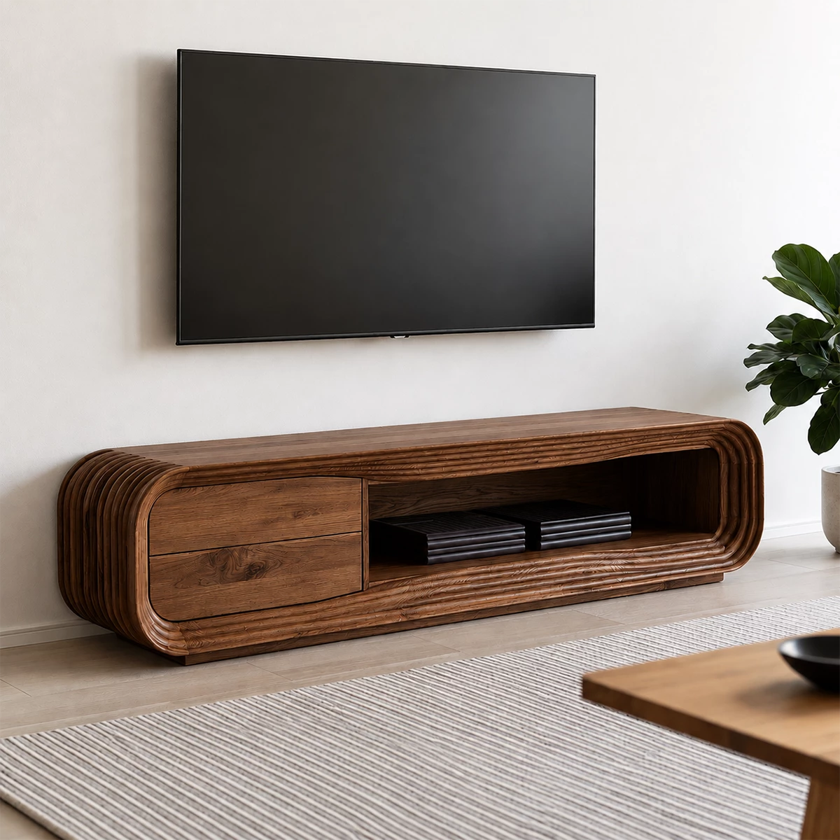 Natural Solid Wood TV Stand with Two Drawers and Ribbed Open Media Shelf - Livewoodcraft - 4
