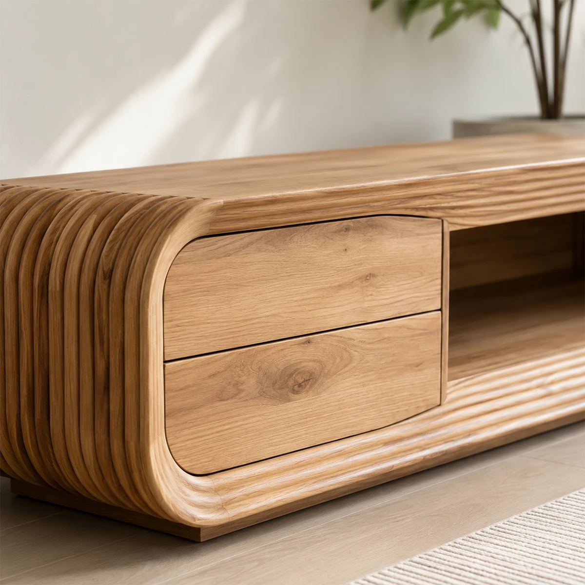 Natural Solid Wood TV Stand with Two Drawers and Ribbed Open Media Shelf - Livewoodcraft - 5