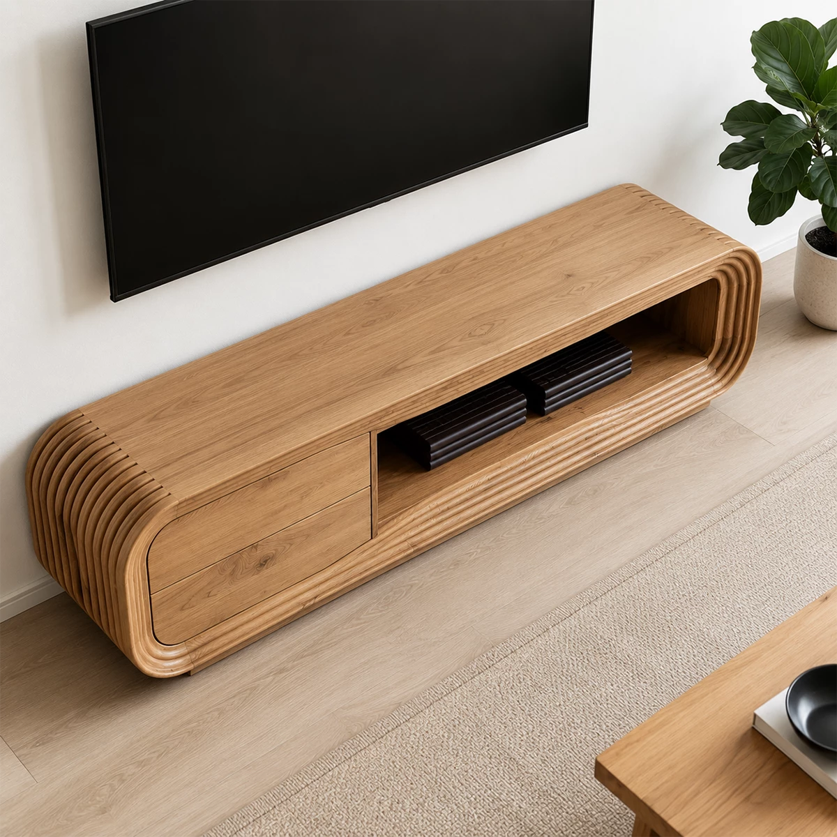 Natural Solid Wood TV Stand with Two Drawers and Ribbed Open Media Shelf - Livewoodcraft - 6