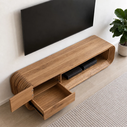 Natural Solid Wood TV Stand with Two Drawers and Ribbed Open Media Shelf - Livewoodcraft - 7