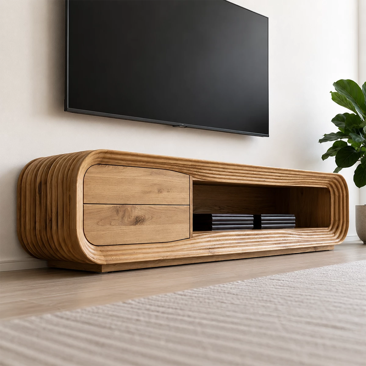 Natural Solid Wood TV Stand with Two Drawers and Ribbed Open Media Shelf - Livewoodcraft - 8