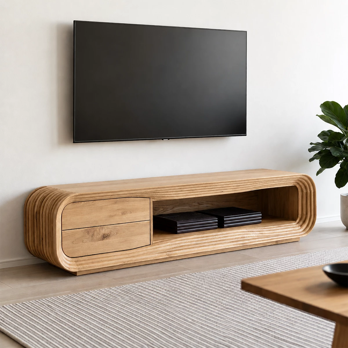 Natural Solid Wood TV Stand with Two Drawers and Ribbed Open Media Shelf - Livewoodcraft