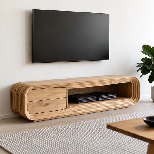 Natural Solid Wood TV Stand with Two Drawers and Ribbed Open Media Shelf - Livewoodcraft
