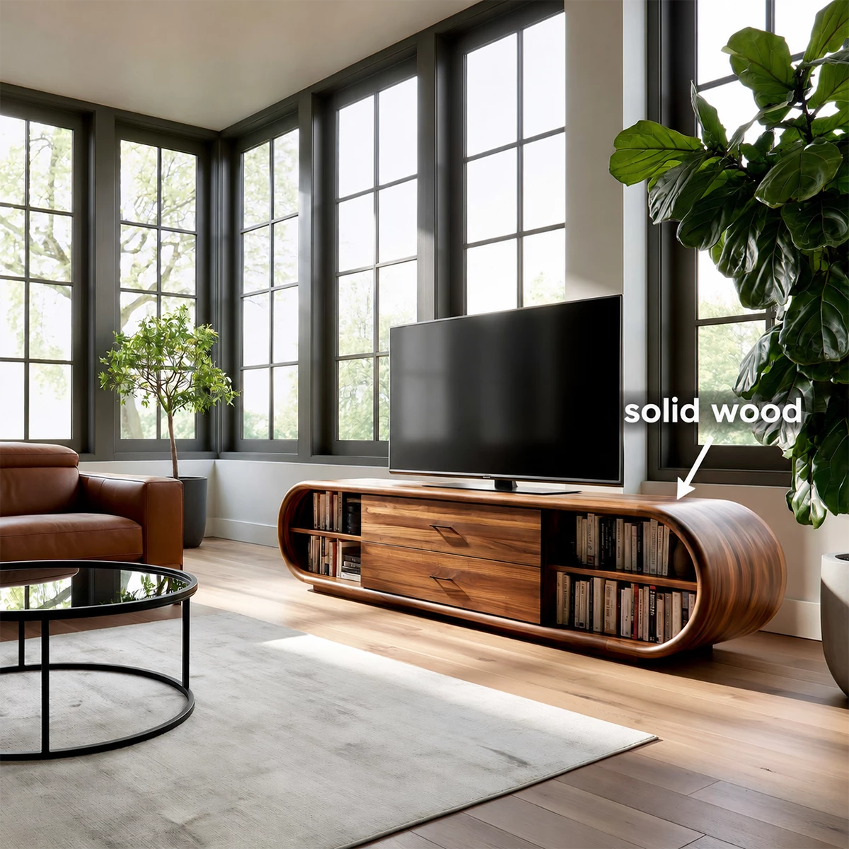 Natural Solid Wood TV Stand with Two Drawers and Rounded Open Shelves - Livewoodcraft - 10