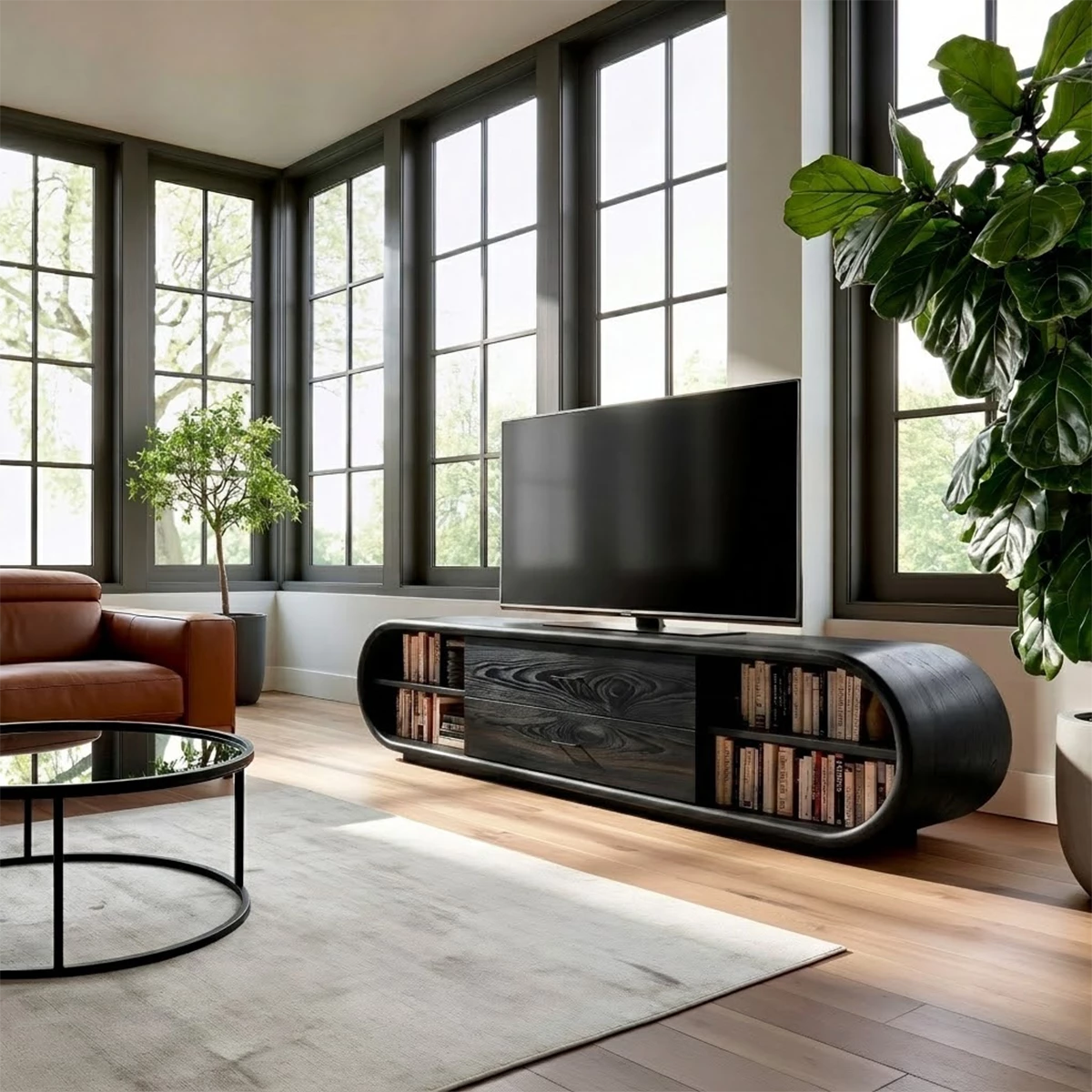 Natural Solid Wood TV Stand with Two Drawers and Rounded Open Shelves - Livewoodcraft - 2