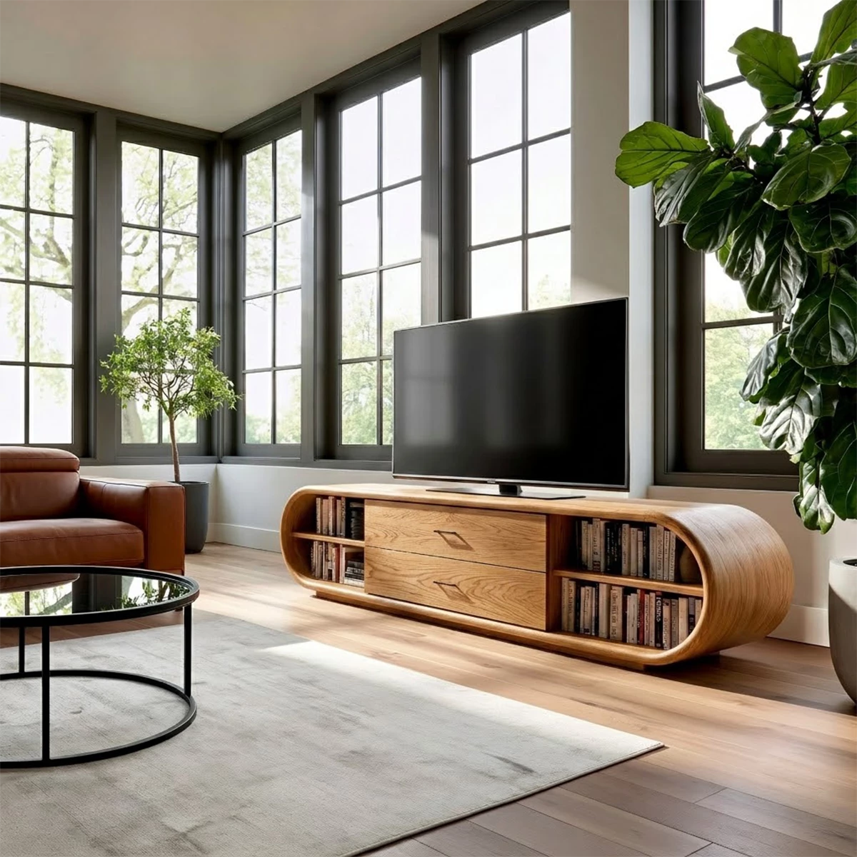 Natural Solid Wood TV Stand with Two Drawers and Rounded Open Shelves - Livewoodcraft - 3