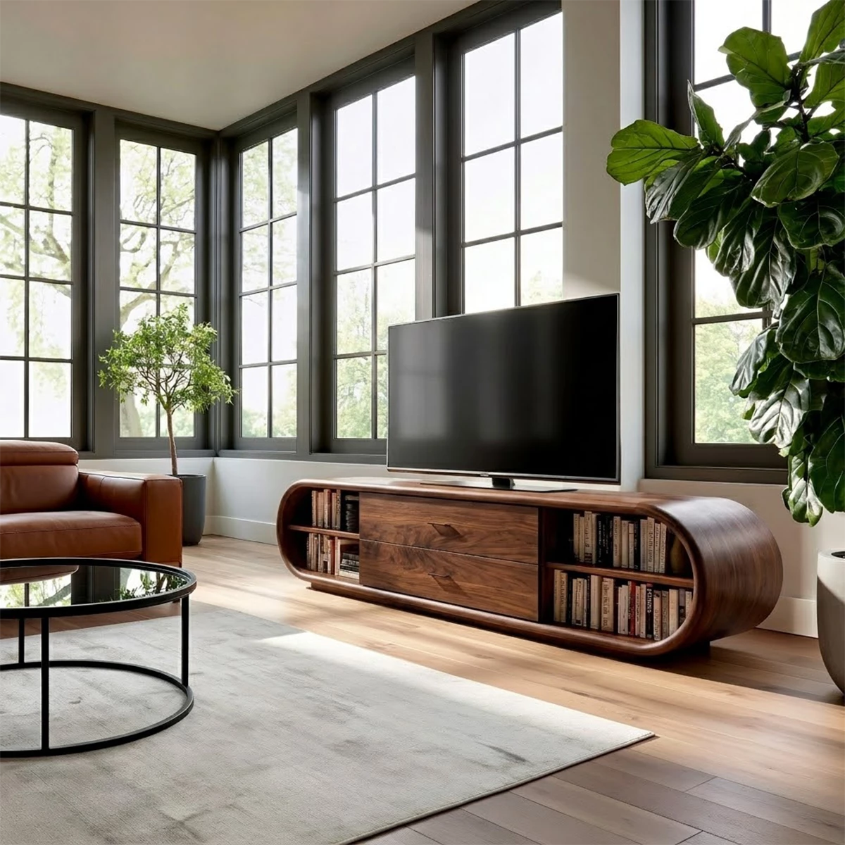 Natural Solid Wood TV Stand with Two Drawers and Rounded Open Shelves - Livewoodcraft - 5