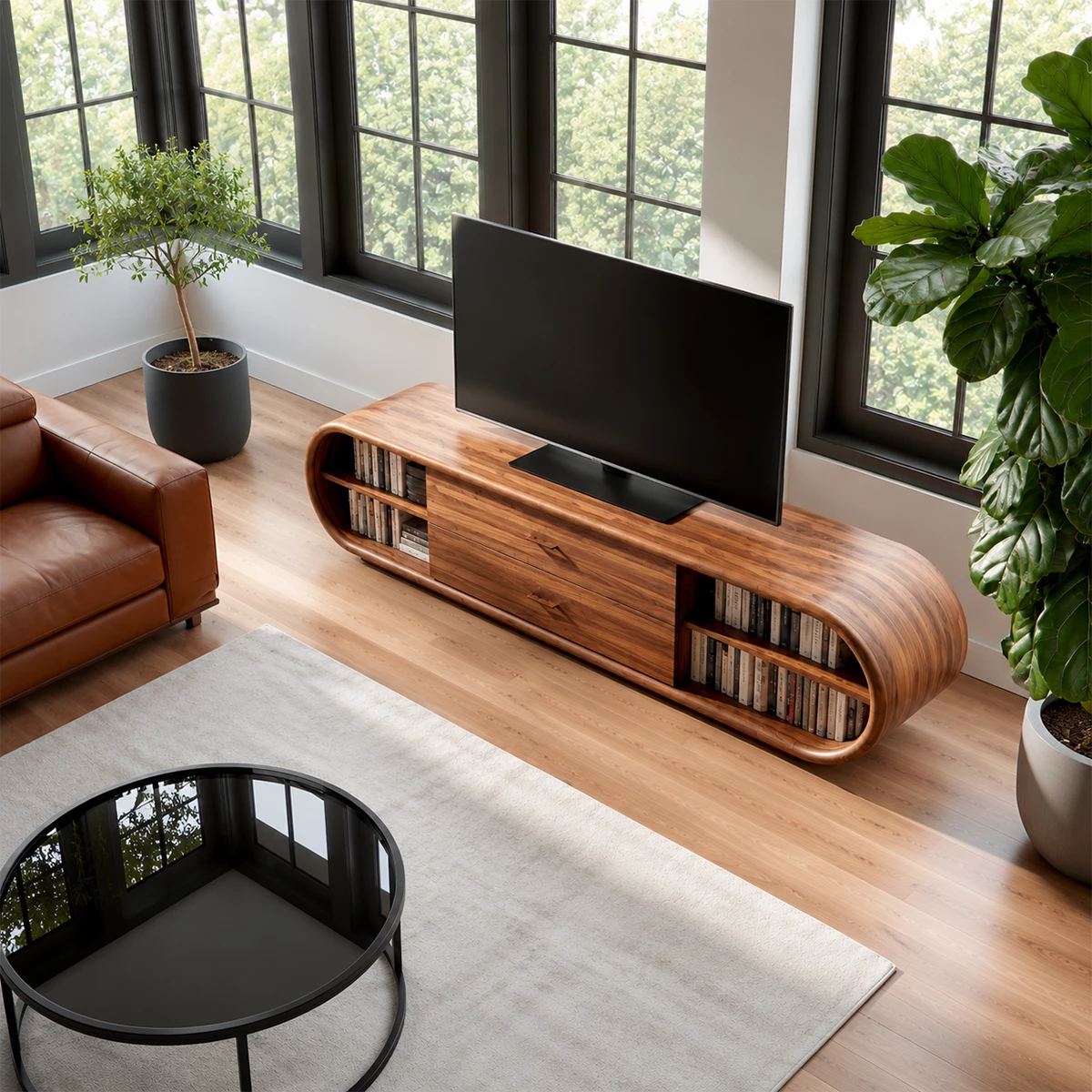 Natural Solid Wood TV Stand with Two Drawers and Rounded Open Shelves - Livewoodcraft - 7
