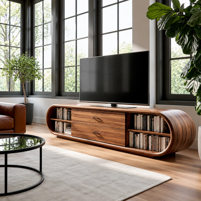 Natural Solid Wood TV Stand with Two Drawers and Rounded Open Shelves - Livewoodcraft