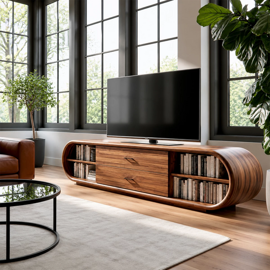 Natural Solid Wood TV Stand with Two Drawers and Rounded Open Shelves - Livewoodcraft