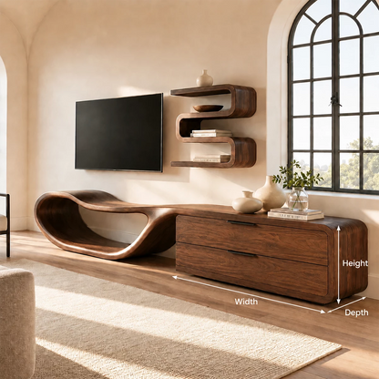 Natural Solid Wood TV Stand with Two Drawers and Sculptural Loop Base - Livewoodcraft - 10