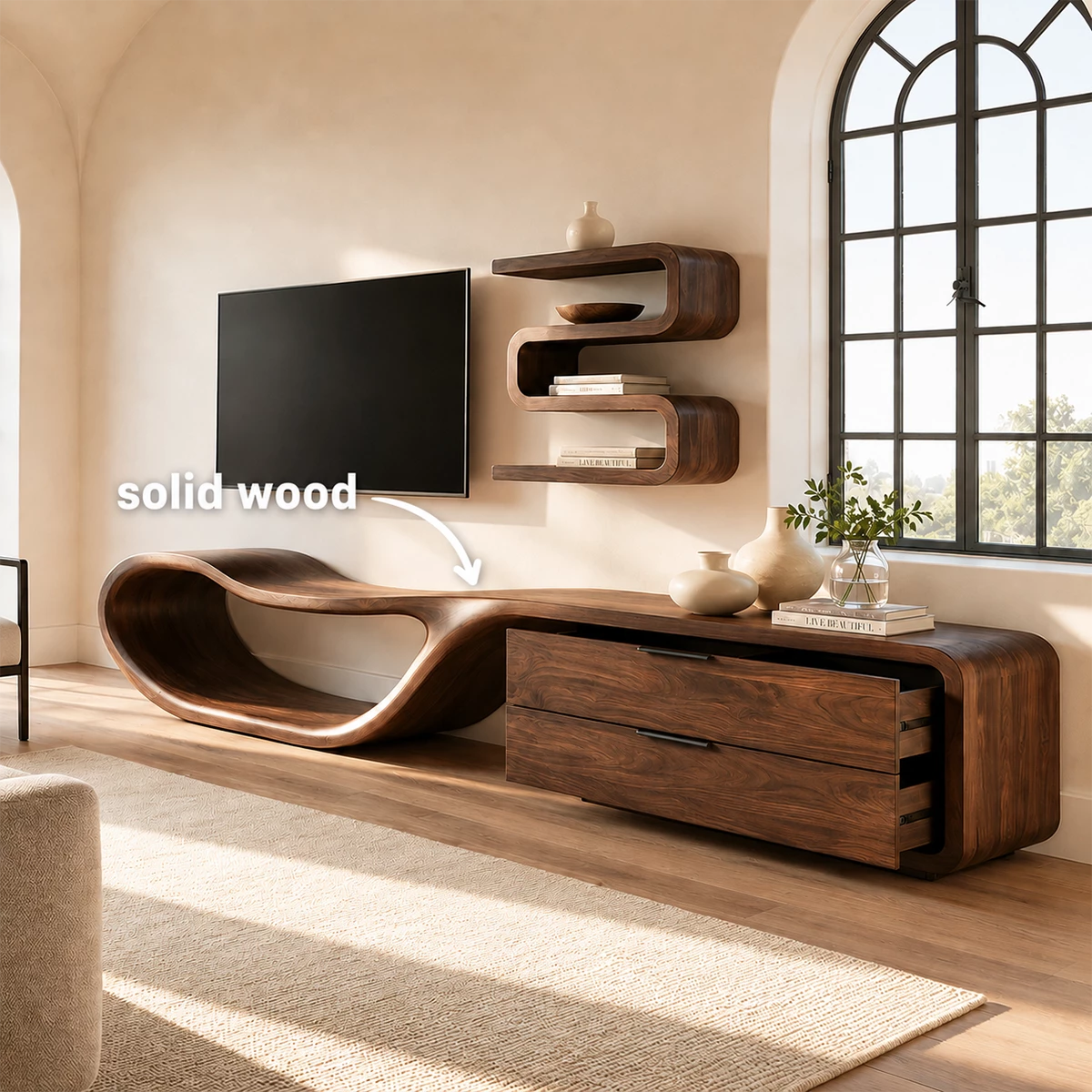 Natural Solid Wood TV Stand with Two Drawers and Sculptural Loop Base - Livewoodcraft - 11