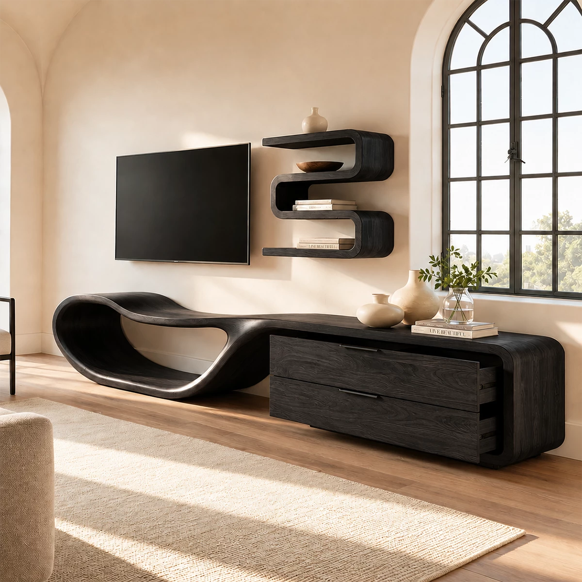 Natural Solid Wood TV Stand with Two Drawers and Sculptural Loop Base - Livewoodcraft - 2