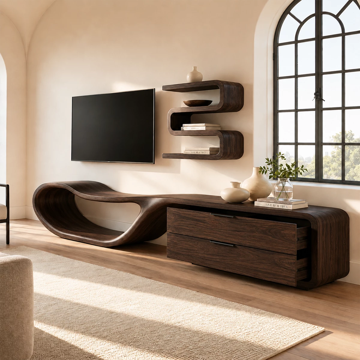 Natural Solid Wood TV Stand with Two Drawers and Sculptural Loop Base - Livewoodcraft - 3