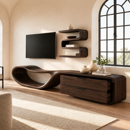 Natural Solid Wood TV Stand with Two Drawers and Sculptural Loop Base - Livewoodcraft - 3