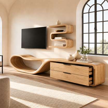 Natural Solid Wood TV Stand with Two Drawers and Sculptural Loop Base - Livewoodcraft - 4