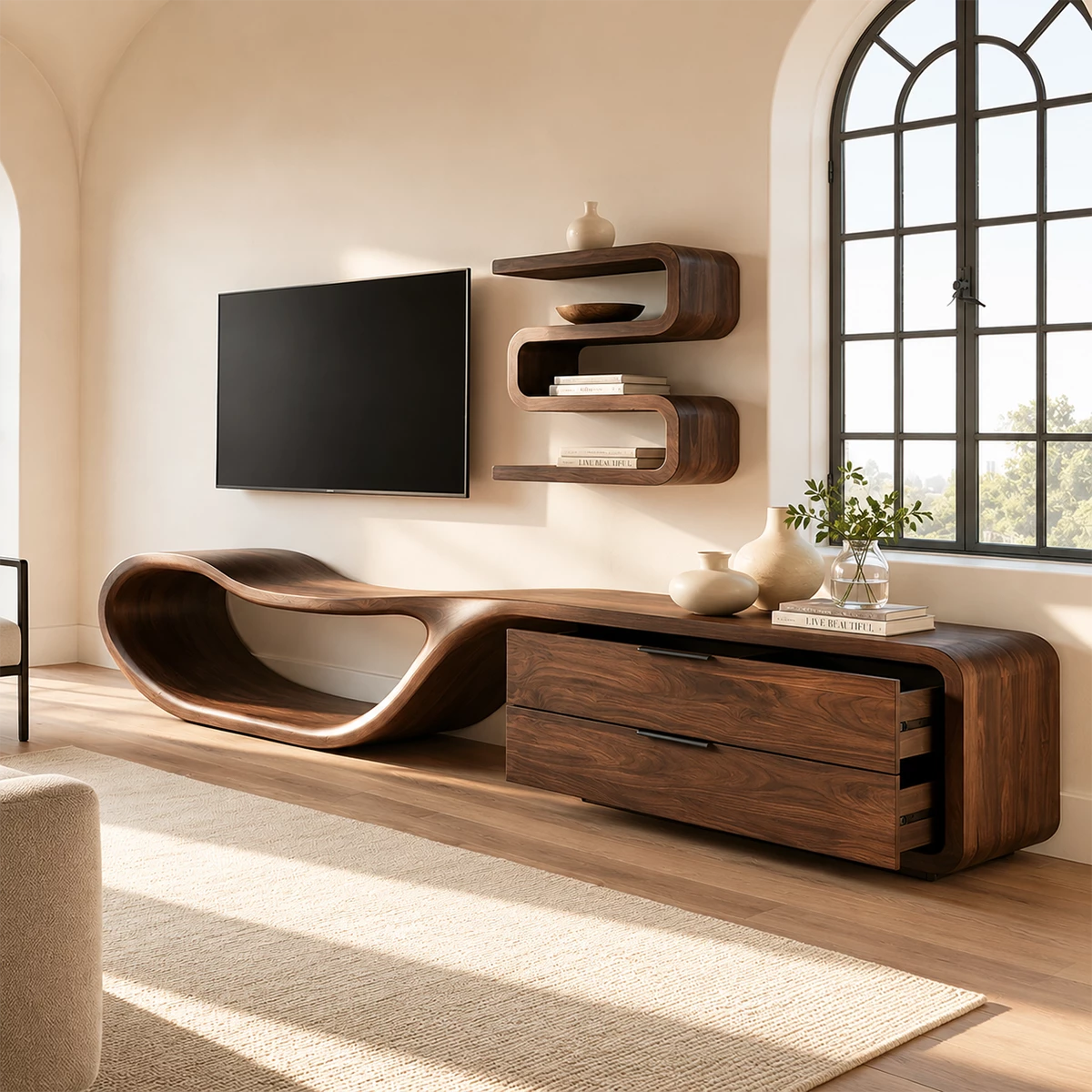 Natural Solid Wood TV Stand with Two Drawers and Sculptural Loop Base - Livewoodcraft - 5