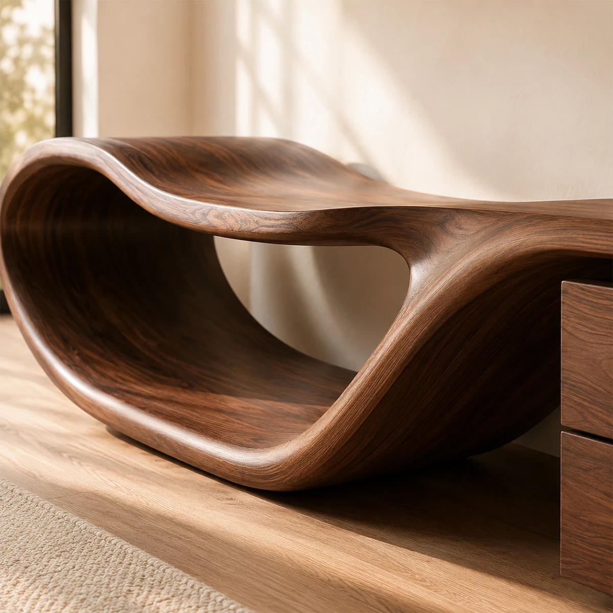 Natural Solid Wood TV Stand with Two Drawers and Sculptural Loop Base - Livewoodcraft - 6