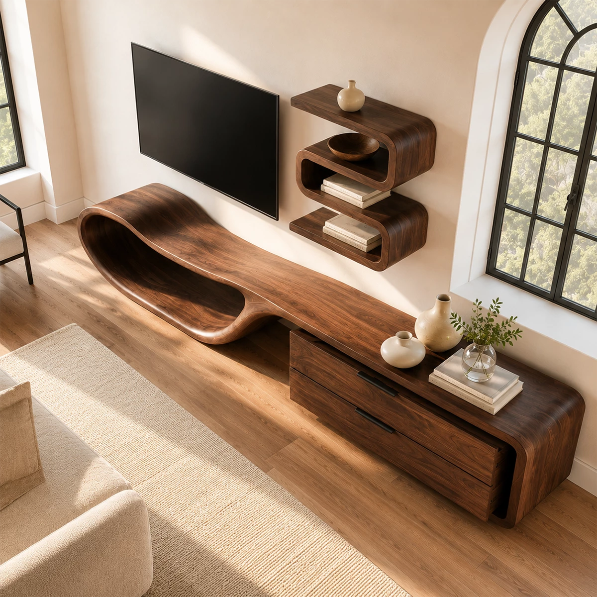 Natural Solid Wood TV Stand with Two Drawers and Sculptural Loop Base - Livewoodcraft - 7