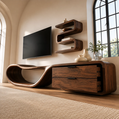 Natural Solid Wood TV Stand with Two Drawers and Sculptural Loop Base - Livewoodcraft - 8