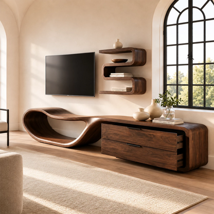 Natural Solid Wood TV Stand with Two Drawers and Sculptural Loop Base - Livewoodcraft - 9